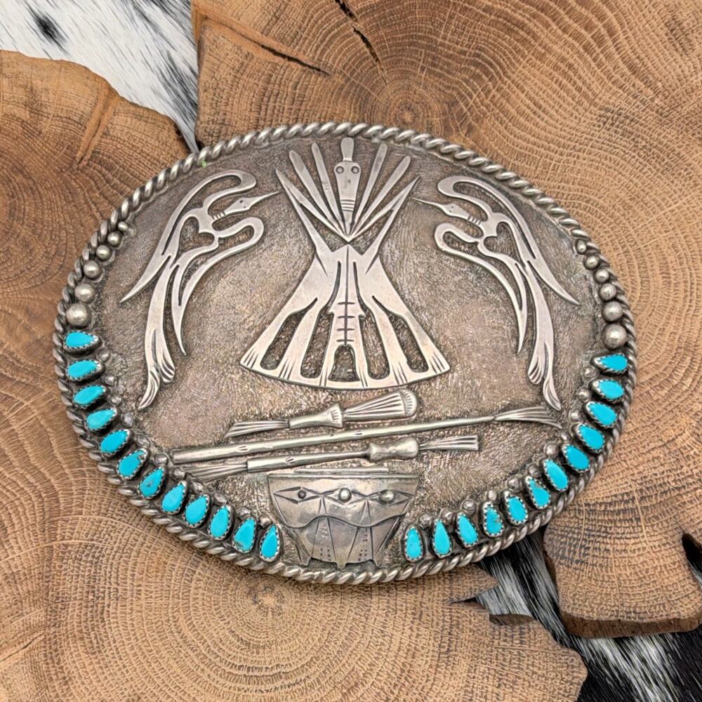 1970s A BEGAY SR Navajo Sterling & Turquoise Trophy Belt Buckle Peyote Birds